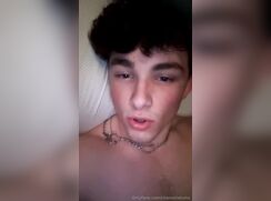 cute curly brunette talking about his huge cumshot