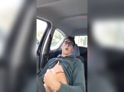 cute nerdy wanking in car off
