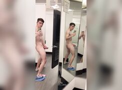 Skinny nerdy twink boy strips and cums in public dressing room with... - 09-23-25