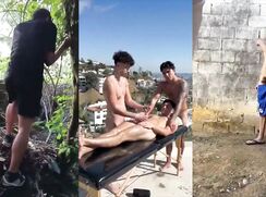 Outdoor fun of a different kind with his teammates anywhere, anytime cum