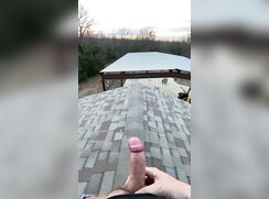 Uncut Exhibitionist Sprays Cum Up On The Roof