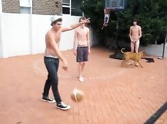 Naked French boy playing basketball