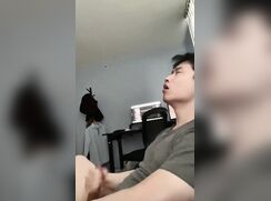 beautiful asian college student cums on his shirt
