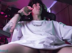 Tattooed Uncut Guy Solo Stroking