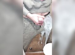 Grey Tracksuit Uncut Cock Cum Spray On Mirror