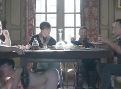 The fancy lunch and a puppy under the table