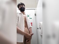 masked asian boy has fun in a toilet stall (no cum)