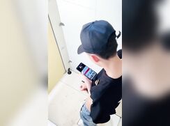 chinese guy in hat caught jerking in stall