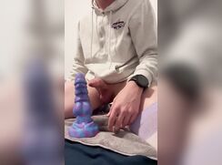 Femboy riding dragon dildo and cums