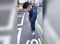 Friend jerking-off on the street. No shame