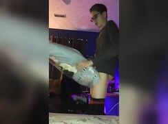 Cute teen with a big cock fucks pillow