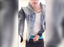 Twink cums hard while jacking off in college dorm room