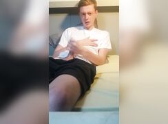 Dutch twink boy cums on his white shirt after school