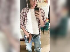 cute curly brunette reveals his big meat