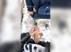 Sven jerks off on the ski lift and by the lake – ski day double cumshot – Svandylove