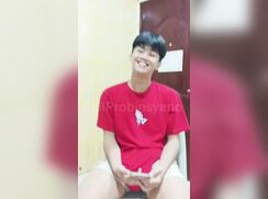 Asian boy in red shirt strips, sucks and rides cock