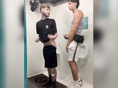 Dudes fuck in public toilet and shower
