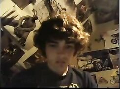 Cute curly hair teen boy strips, jerks off and cums