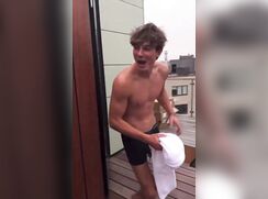 Fit young blond teen jerking in the bathroom