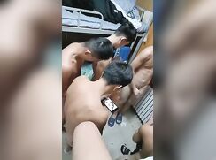 Group jerk-off session at band camp.