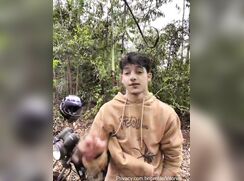 Motorcycle boy jerking off at forest