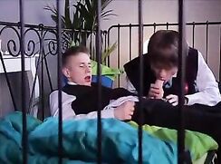 Unwraps his boyfriend and prepares him for sex