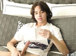 smooth cute horny latino cums in bed