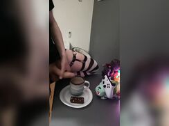 AHV - Femboy cums in his coffee and drinks it all