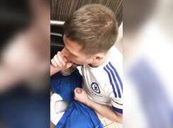 Cocksucker swallow a load in a bathroom stall