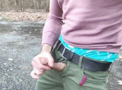 Exhibitionist guy jerks-off in the public parking lot and cums, verbal