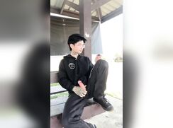 Asian twink jerking off on the side of the road
