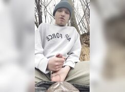 Nature young guy jerked his sausage in the woods