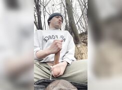 Nature young guy jerked his sausage in the woods