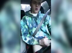 Straight teen with hoodie jerks off in his car on the way to school