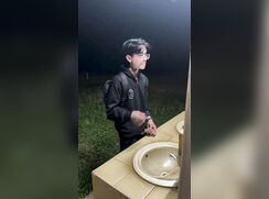 Jerking off outside at the sink