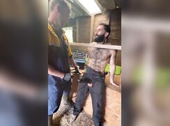 Very Hairy guy gets milked while other farmer gives himself a handjob