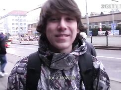 CH 218, Camera guy pays a young guy multi patterned grey and white hoodie to suck and