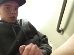 Hung Twink in white briefs jerks-off in public toilet