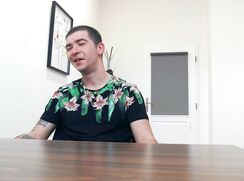 DS 232, Young guy in black T with flowery top has to suck and be fucked to get the jo