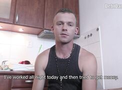 DD 249, Money guy pays off the debt of young guy in dark grey singlet if he sucks and