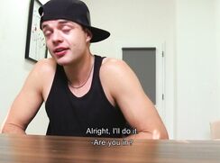 DS 239, Young guy in black singlet chewing gum has to suck and be fucked to get the j