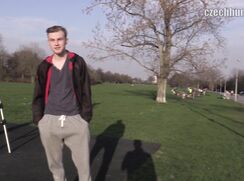 CH 244, Camera guy pays a young guy in grey T, black jacket and grey trackies to suck