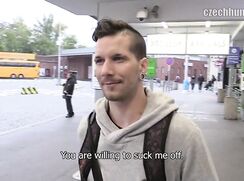 CH 247, Camera guy pays a young guy in grey knit hoodie at the bus station to suck an