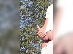 Massive cumshot outside faceless white shirt