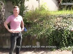 CH 257, Camera guy pays a young guy in a grey and black patterned singlet to suck and