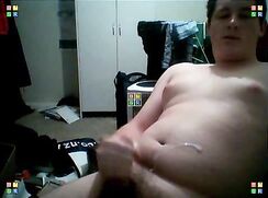 chubby boy with puffy nipples cums on his belly