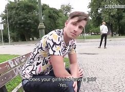 CH 260, Camera guy pays a young guy in multi coloured squiggle white T to suck and be