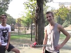 CH 267, Camera guy pays 2 young guys, one in grey singlet, one in white Manhattan T,