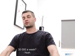 DS 292, Young guy in black T and ripped denim shorts has to suck and be fucked to get