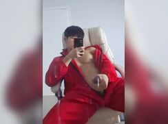 Hung Asian in red onesie mirror cumshot